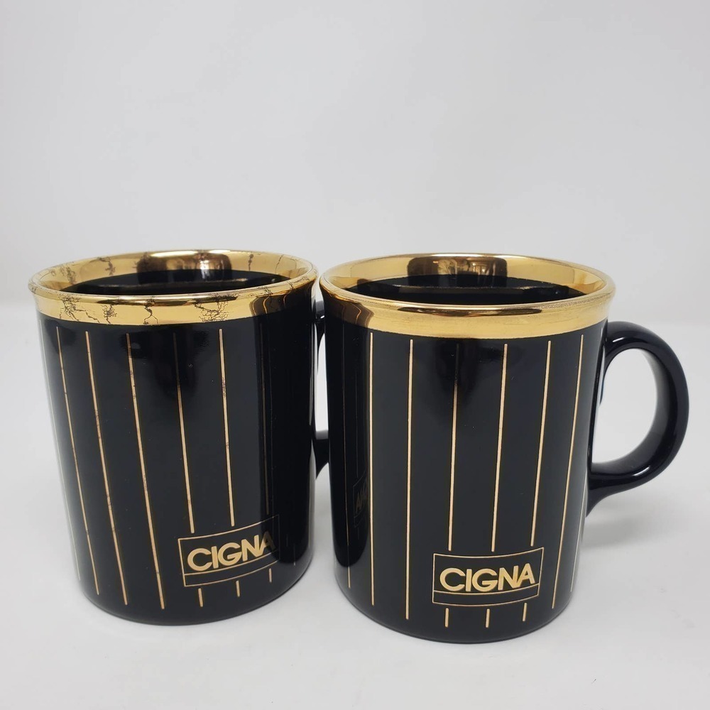 45. Cigna Made In England Gold Trim Striped Coffee Mug Set of 2 Porcelain Cup